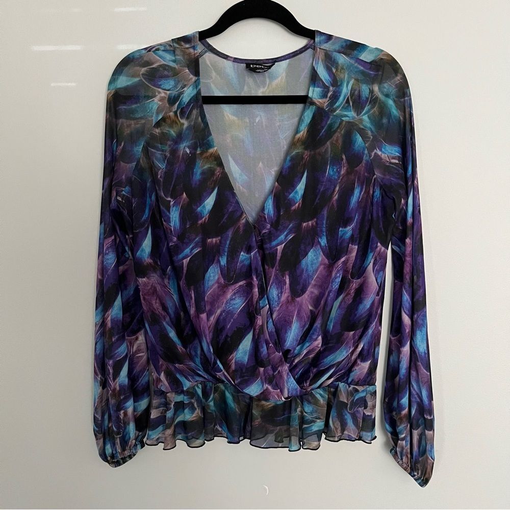 Bebe Colorful Multicolor Long sleeve wrap Peplum Top Size Medium